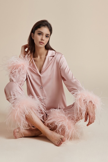 Wedding Pajama Set Pink Lapel Feather Satin Outfit Sets