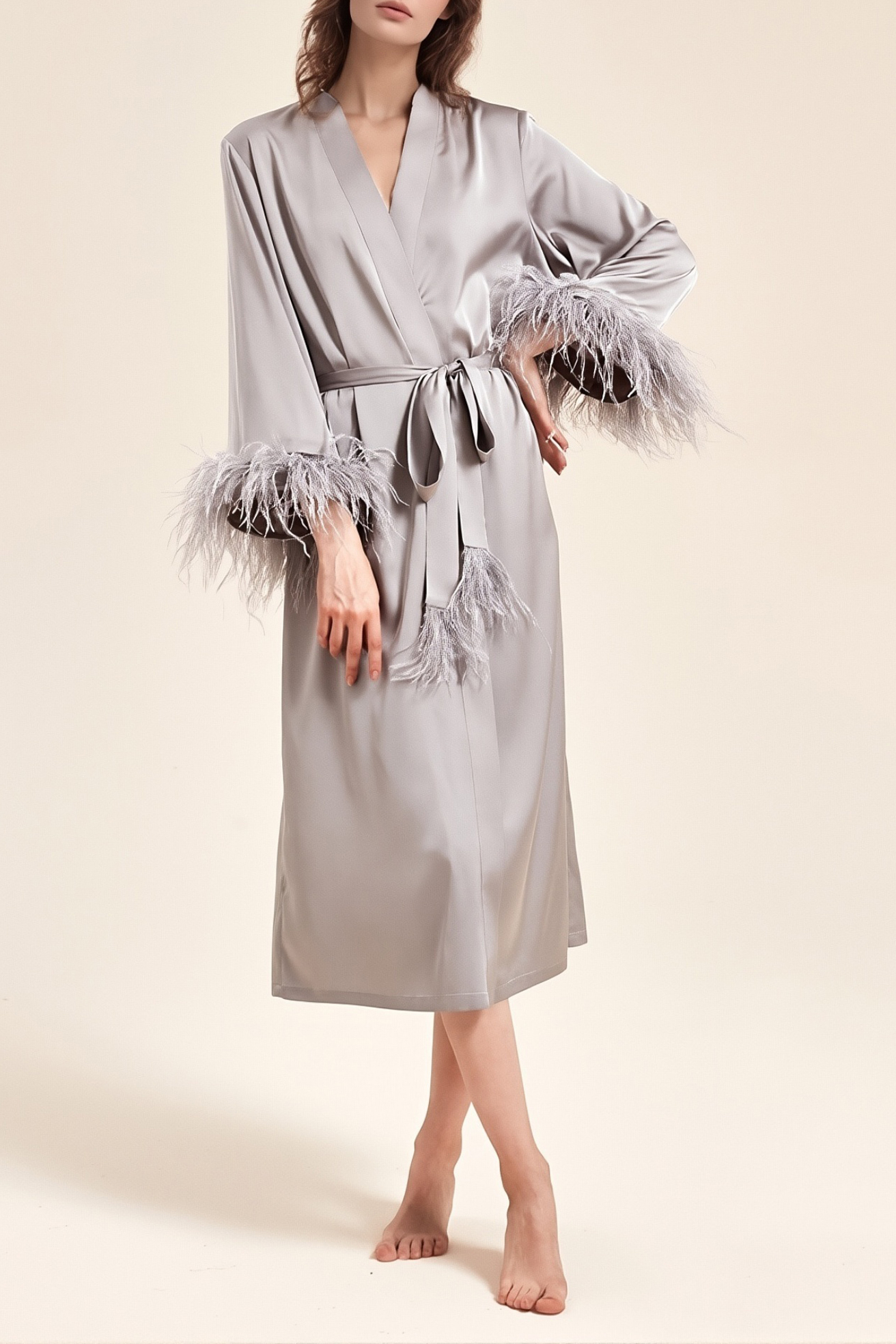 Wedding Pajama Robe Gray V Neck Feather Satin Robes Gown
