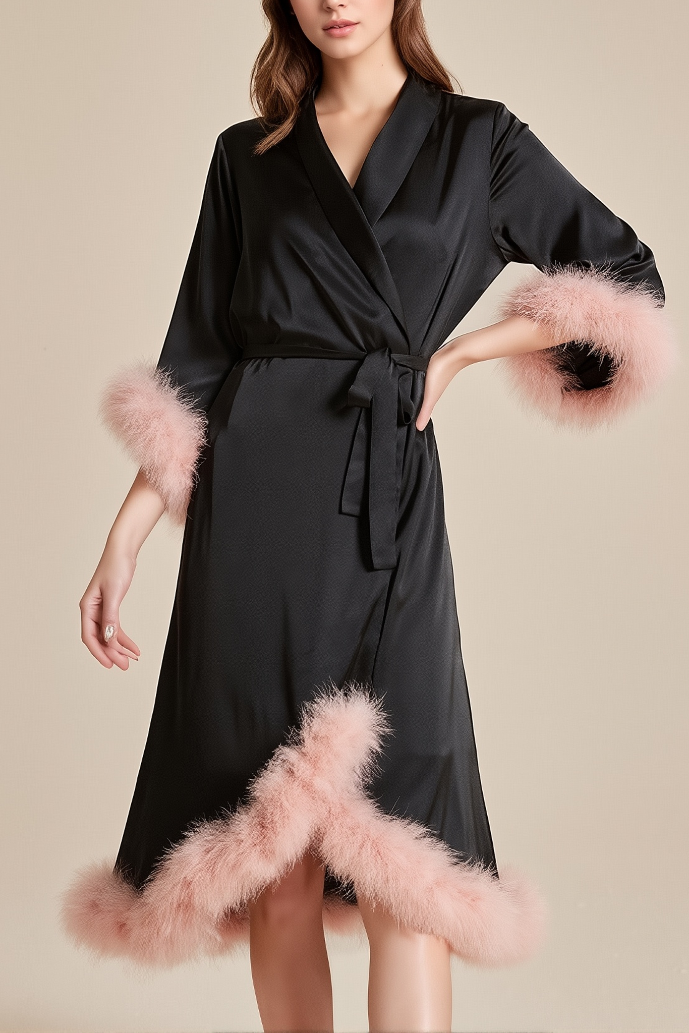 Wedding Pajama Robe Black V Neck Feather Satin Robes Gown