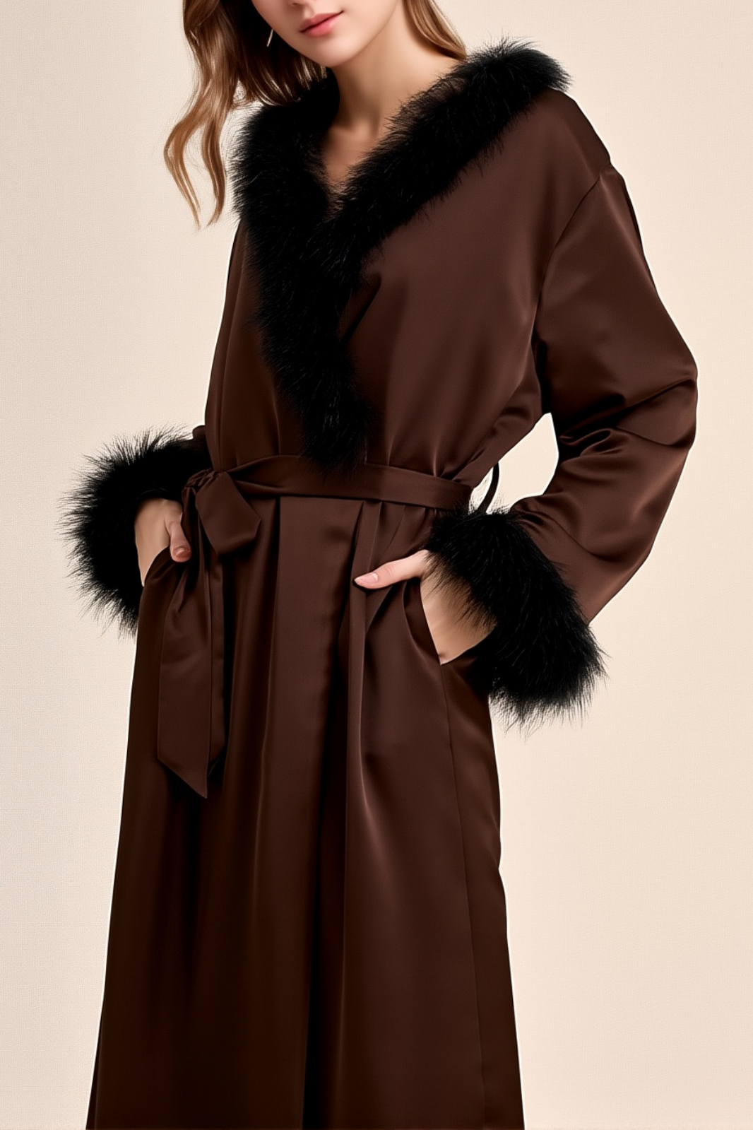 Wedding Pajama Robe Coffee V Neck Feather Satin Robes Gown