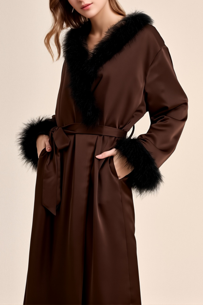 Wedding Pajama Robe Coffee V Neck Feather Satin Robes Gown