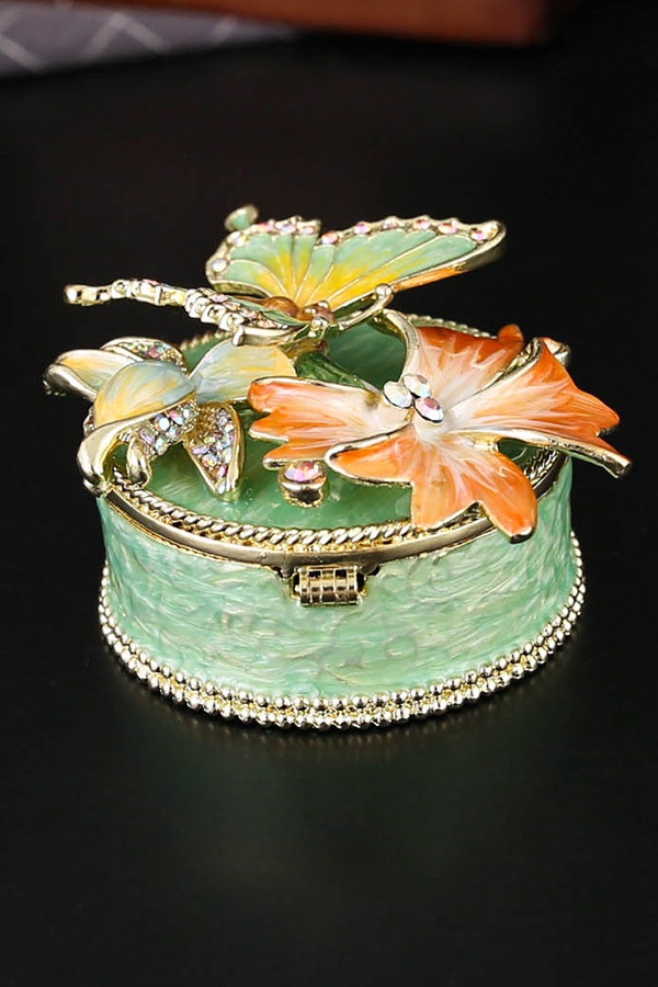 Mini Trinket Box Hinged Butterly Gift Jewelry Box Enameled Jewelry Holder with Rhinestones