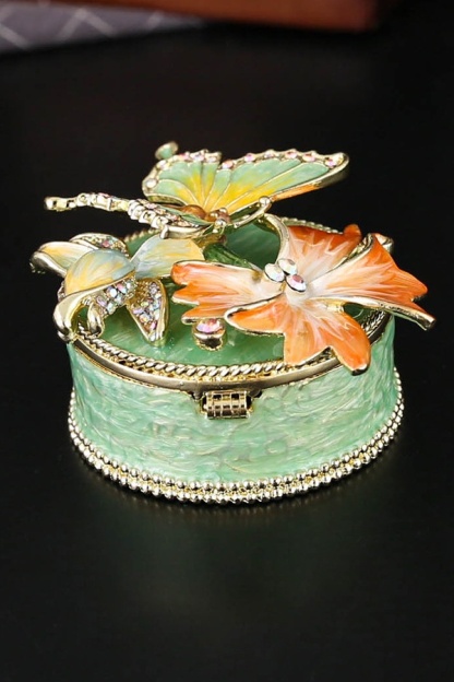 Mini Trinket Box Hinged Butterly Gift Jewelry Box Enameled Jewelry Holder with Rhinestones