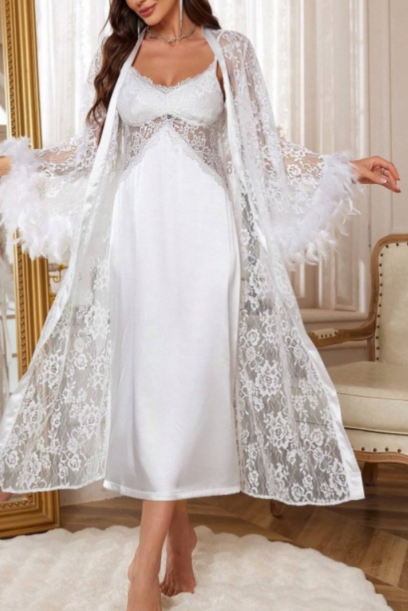 Bridal Pajama Set Robe White V Neck Lace Feather Robes Gown