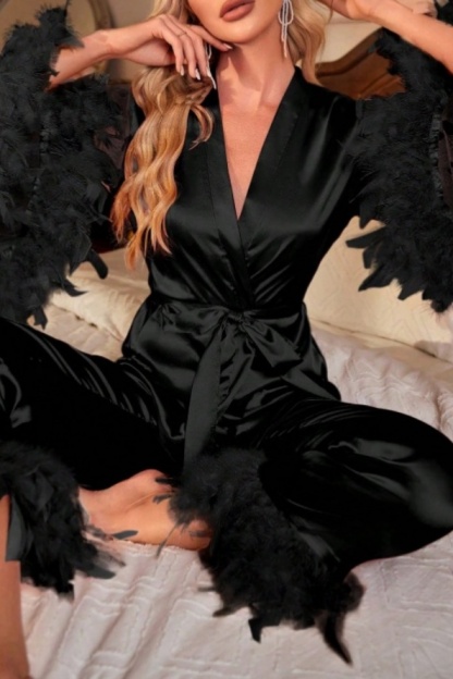 Bridesmaid Pajama Set Robe Black V Neck Feather Satin Pants Set