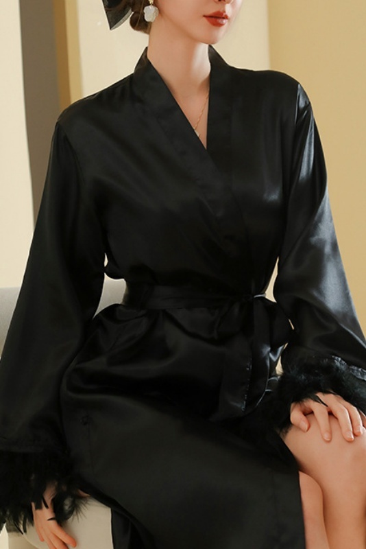 Bridesmaid Pajama Robe White V Neck Satin Feather Robes Gown