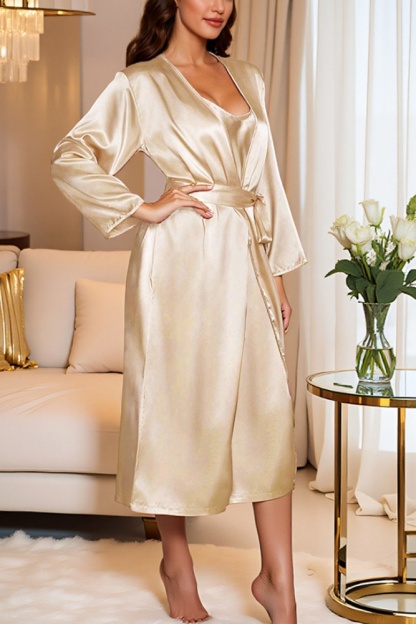 Bridesmaid Pajama Set Robe Champagne V Neck Satin Two Piece