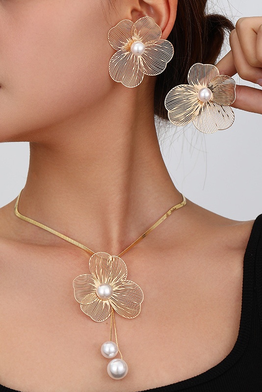 Golden Bridal Wedding Jewelry Set for Women Necklace Earrings Sets