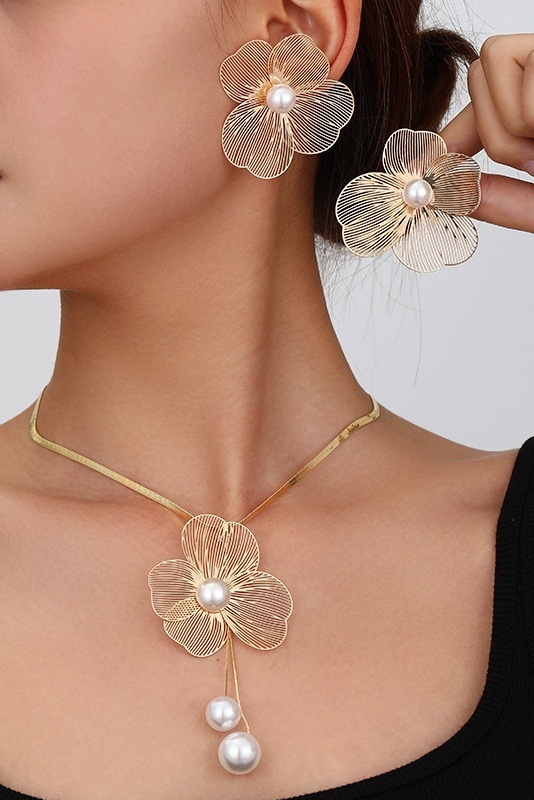 Golden Bridal Wedding Jewelry Set for Women Necklace Earrings Sets