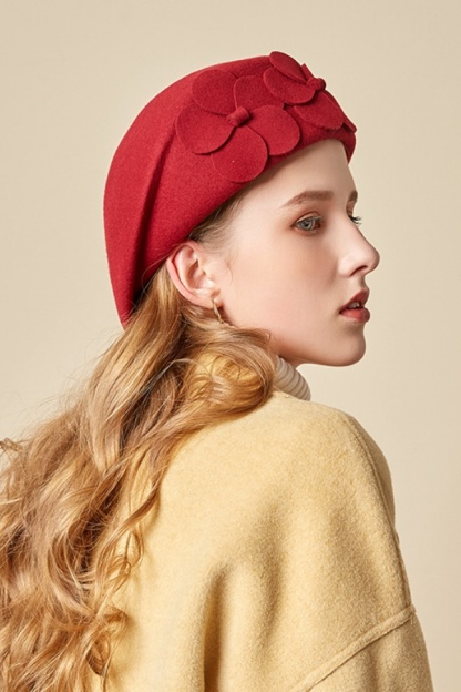 Classic Wool Beret 3D Floral Hats for Women 