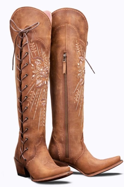 Women Low Heel Pull On Western Boots Square Toe Cowboy Cowgirl Mid Calf Boots
