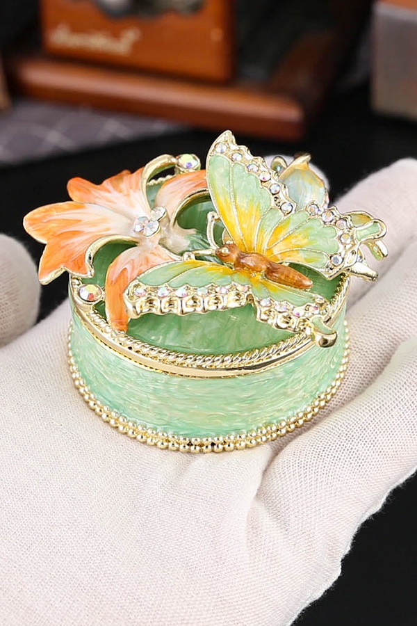 Mini Trinket Box Hinged Butterly Gift Jewelry Box Enameled Jewelry Holder with Rhinestones