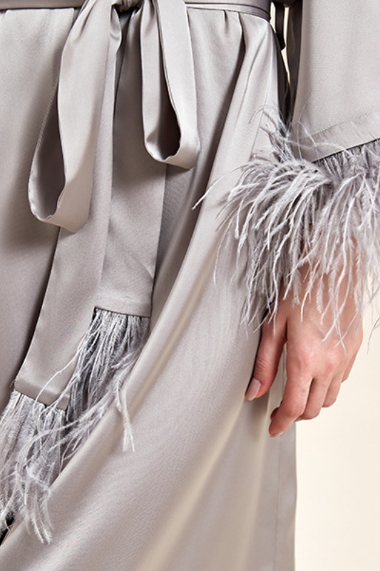 Wedding Pajama Robe Gray V Neck Feather Satin Robes Gown
