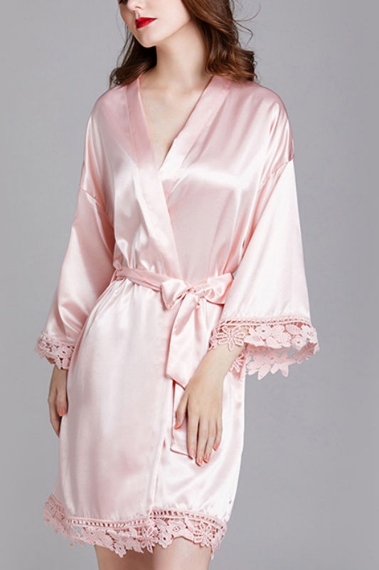 Bridesmaid Pajama Robe Pink V Neck Satin Lace Robes Gown
