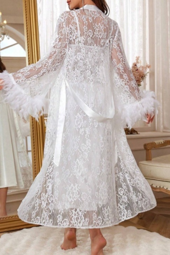 Bridal Pajama Set Robe White V Neck Lace Feather Robes Gown