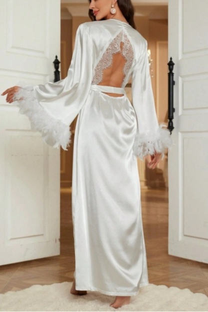 Bridesmaid Pajama Robe White V Neck Lace Satin Robes Gown