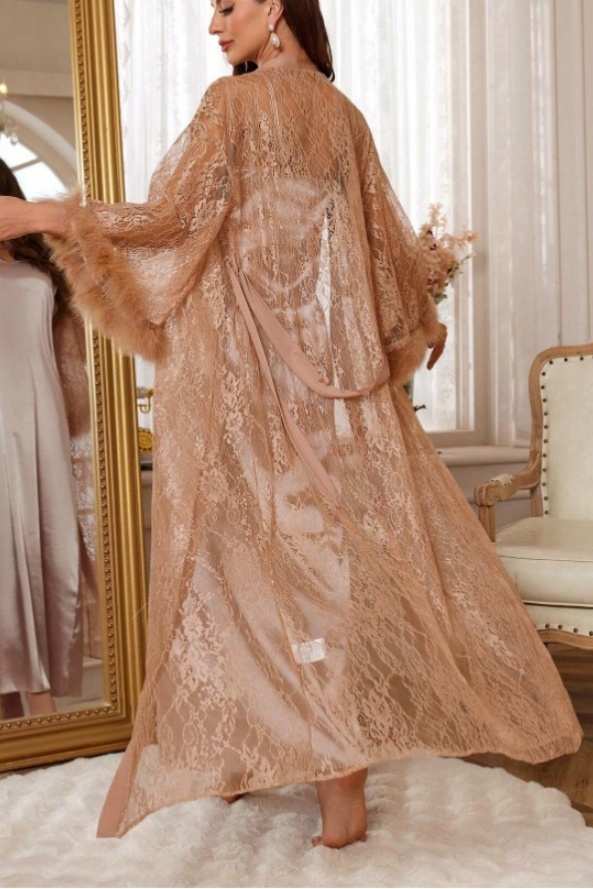 Bridal Pajama Set Robe Rose Gold V Neck Lace Feather Robes Gown