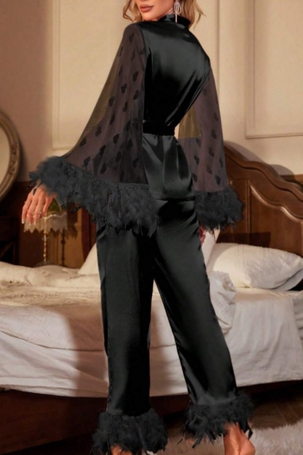 Bridesmaid Pajama Set Robe Black V Neck Feather Satin Pants Set
