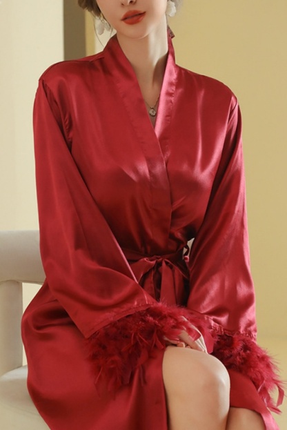 Bridesmaid Pajama Robe White V Neck Satin Feather Robes Gown
