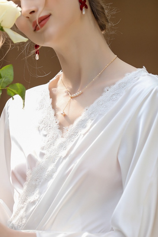 Bridal Pajama Robe White V Neck Lace Robes Gown