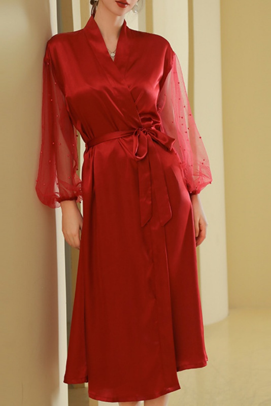 Bridesmaid Pajama Robe White V Neck Satin Mesh Robes Gown