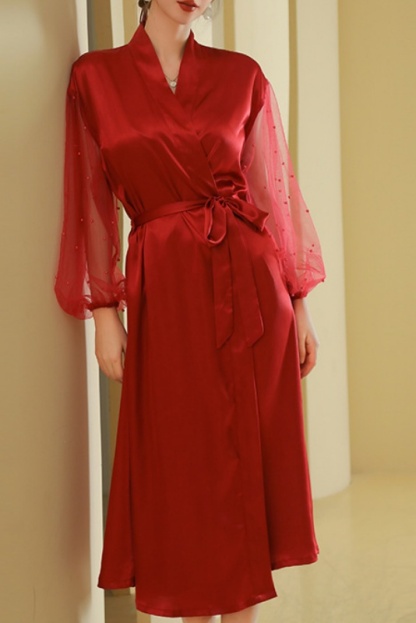 Bridesmaid Pajama Robe White V Neck Satin Mesh Robes Gown