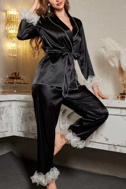 Bridesmaid Pajama Set Robe Black V Neck Mesh Satin Pants Set