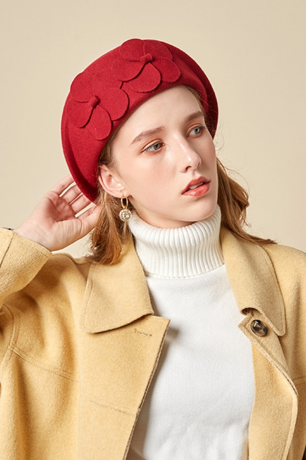Classic Wool Beret 3D Floral Hats for Women 