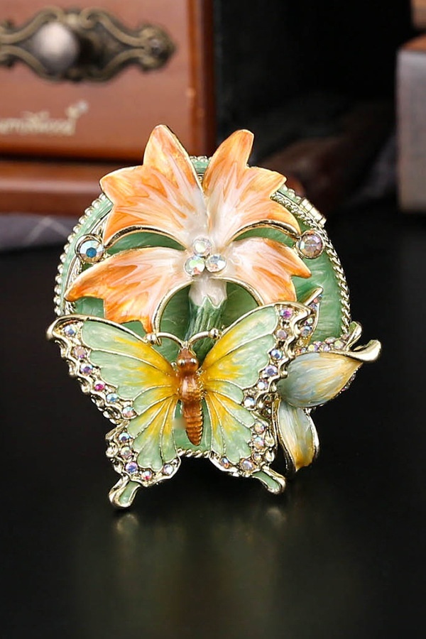 Mini Trinket Box Hinged Butterly Gift Jewelry Box Enameled Jewelry Holder with Rhinestones