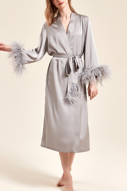 Wedding Pajama Robe Gray V Neck Feather Satin Robes Gown