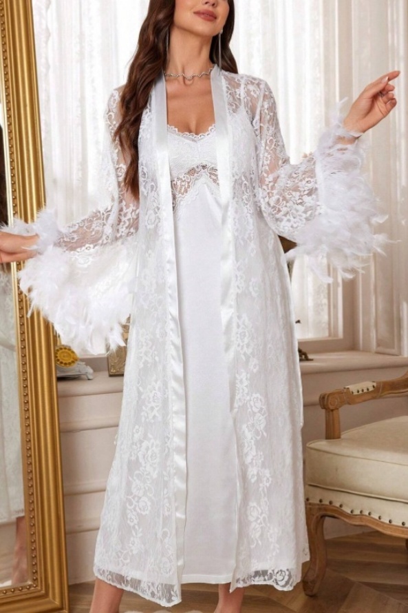 Bridal Pajama Set Robe White V Neck Lace Feather Robes Gown