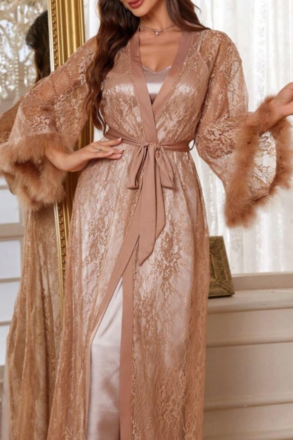 Bridal Pajama Set Robe Rose Gold V Neck Lace Feather Robes Gown