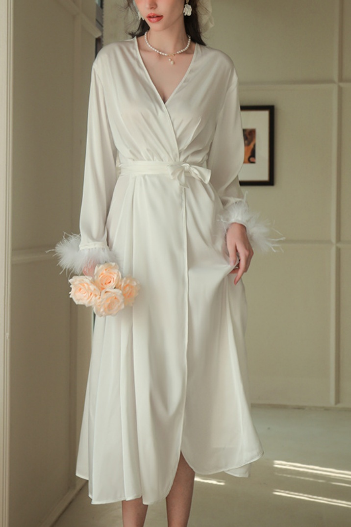 Bridesmaid Pajama Robe White V Neck Satin Robes Gown