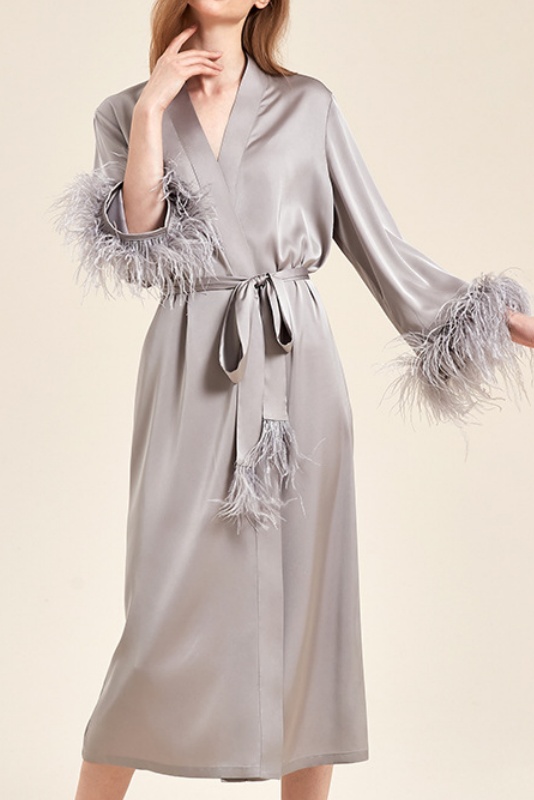 Wedding Pajama Robe Gray V Neck Feather Satin Robes Gown