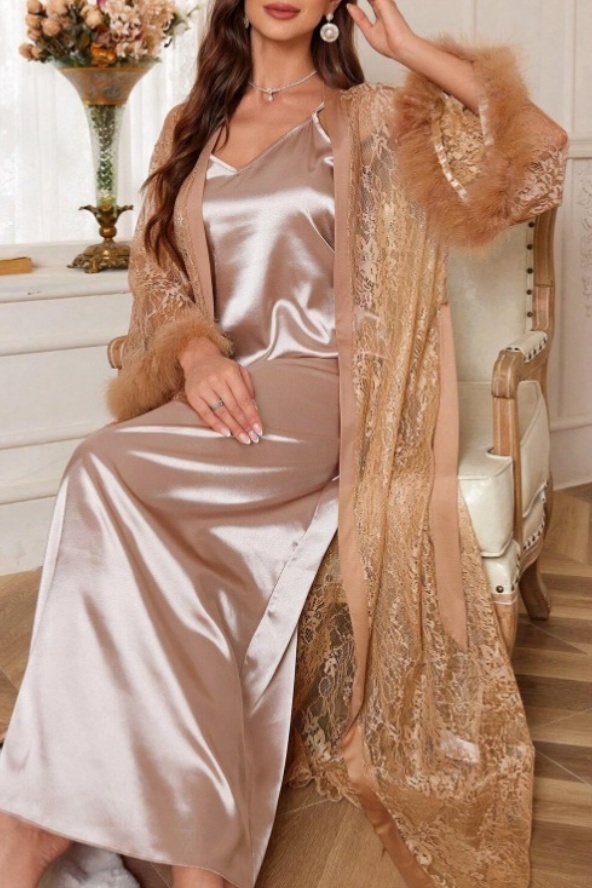Bridal Pajama Set Robe Rose Gold V Neck Lace Feather Robes Gown