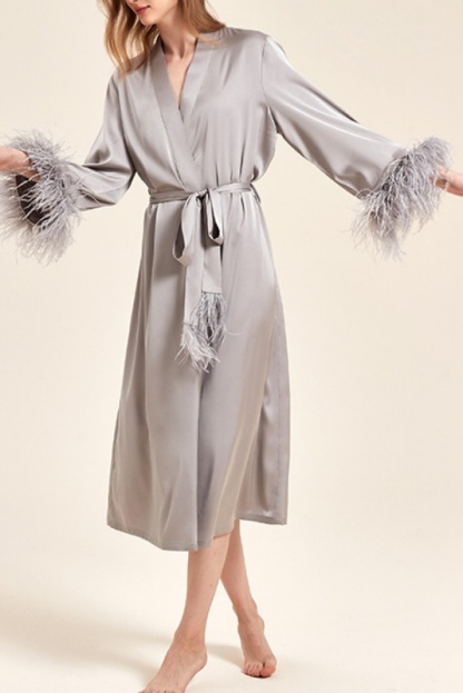 Wedding Pajama Robe Gray V Neck Feather Satin Robes Gown