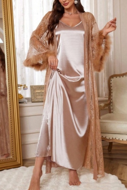 Bridal Pajama Set Robe Rose Gold V Neck Lace Feather Robes Gown