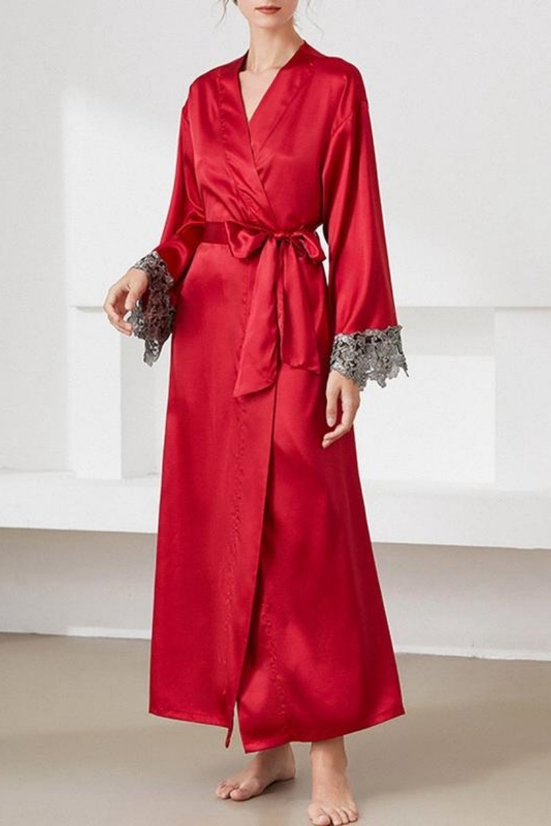 Bridesmaid Pajama Robe Red V Neck Lace Satin Robes Gown