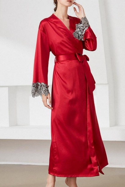 Bridesmaid Pajama Robe Red V Neck Lace Satin Robes Gown