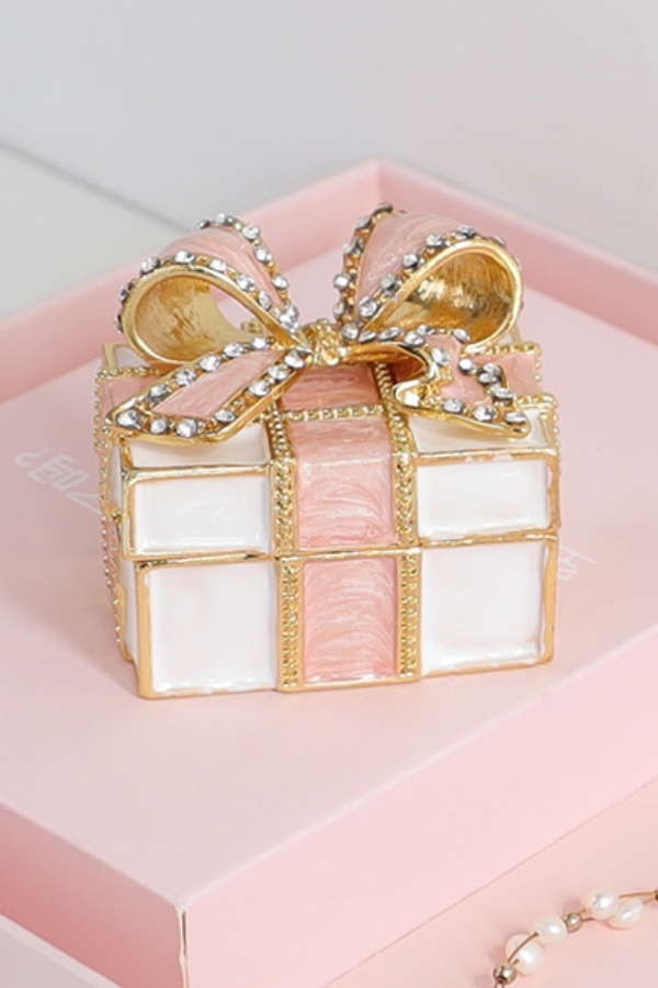 Mini Trinket Box Bow-knot Gift Box Style Hinged Jewelry Box Vintage Metal Enameled 
