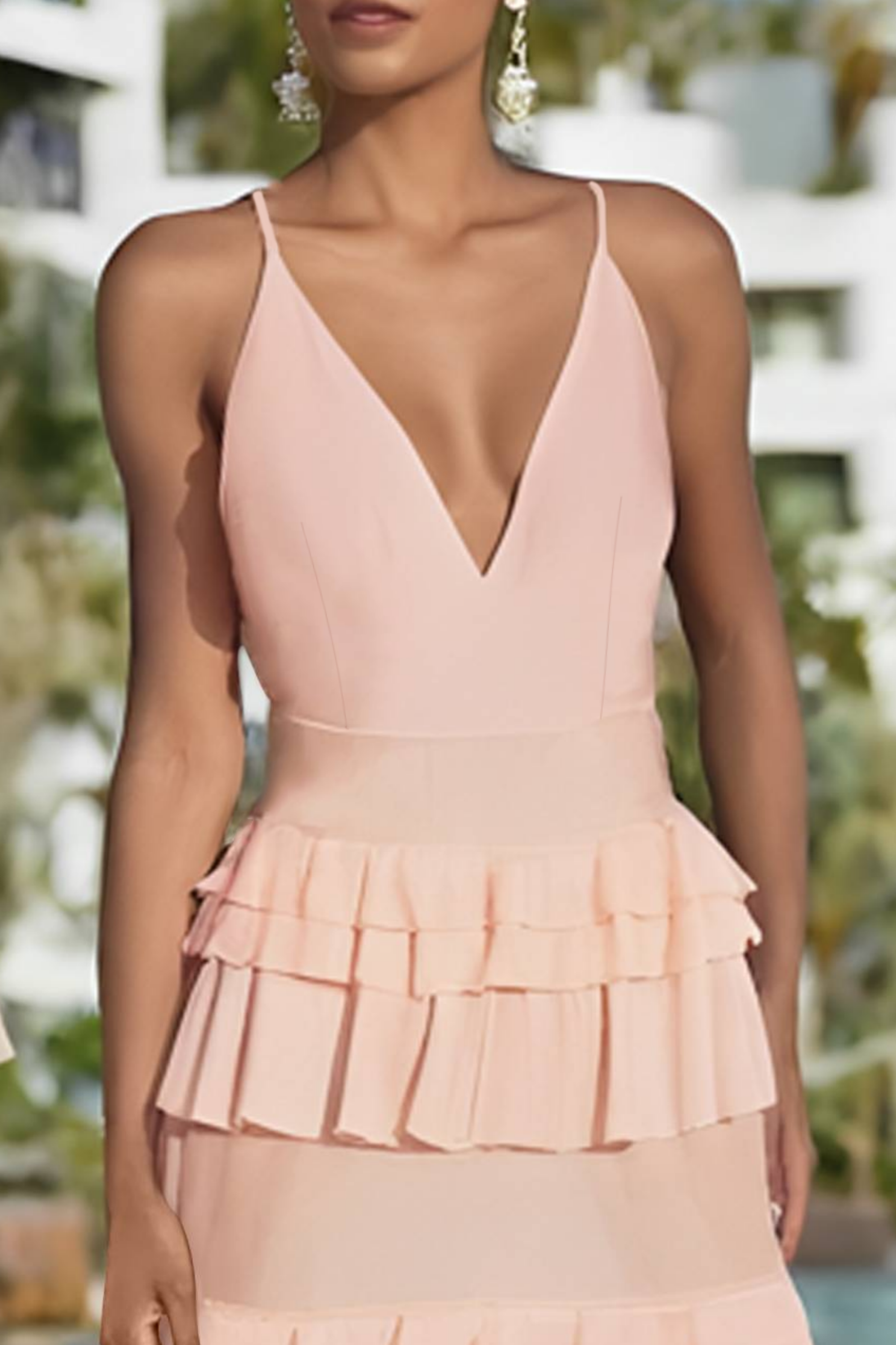 Cocktail Party Dress Pink V Neck Mesh Ruffle A-Line Maxi Dress