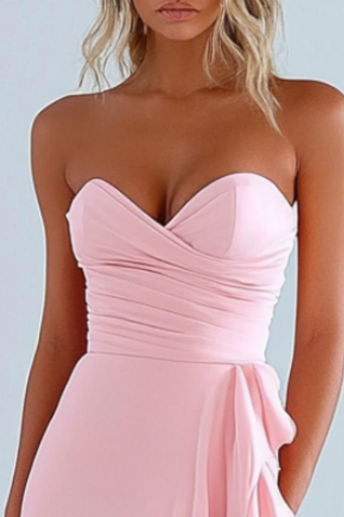 Cocktail Dress Pink Strapless Ruffle Sleeveless Sheath Maxi Dress