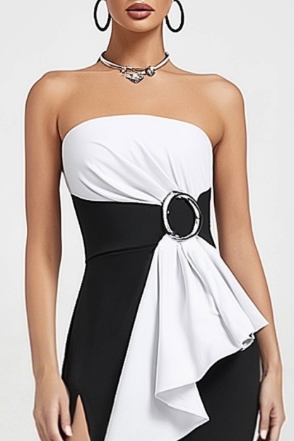 Cocktail Party Dress Black White Strapless Colorblock Midi Dress