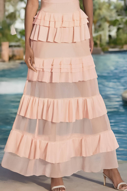 Cocktail Party Dress Pink V Neck Mesh Ruffle A-Line Maxi Dress