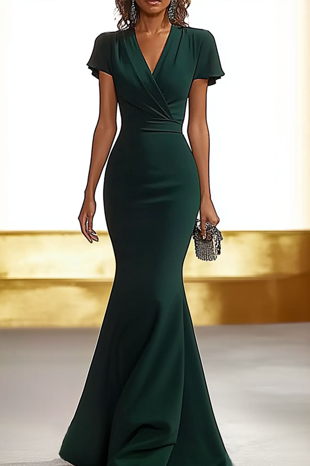 Formal Deep Green Dress V-Neck Flutter Sleeves Sheath Maxi Dress 