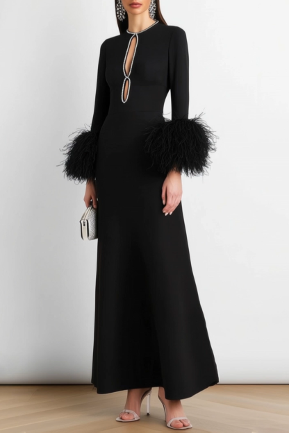 Formal Evening Dress Black Crew Neck Long Sleeve Maxi Dress