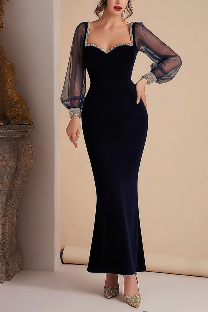 Formal Evening Dress Black Sweetheart Neck Long Sleeve Maxi Dress