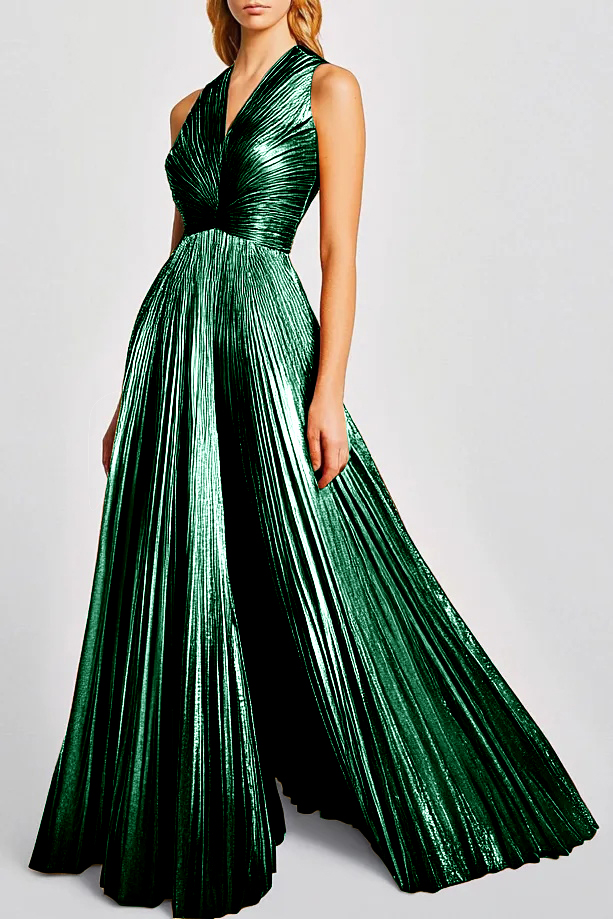 Party Cocktail Gold Pleated Deep V Maxi Dress  