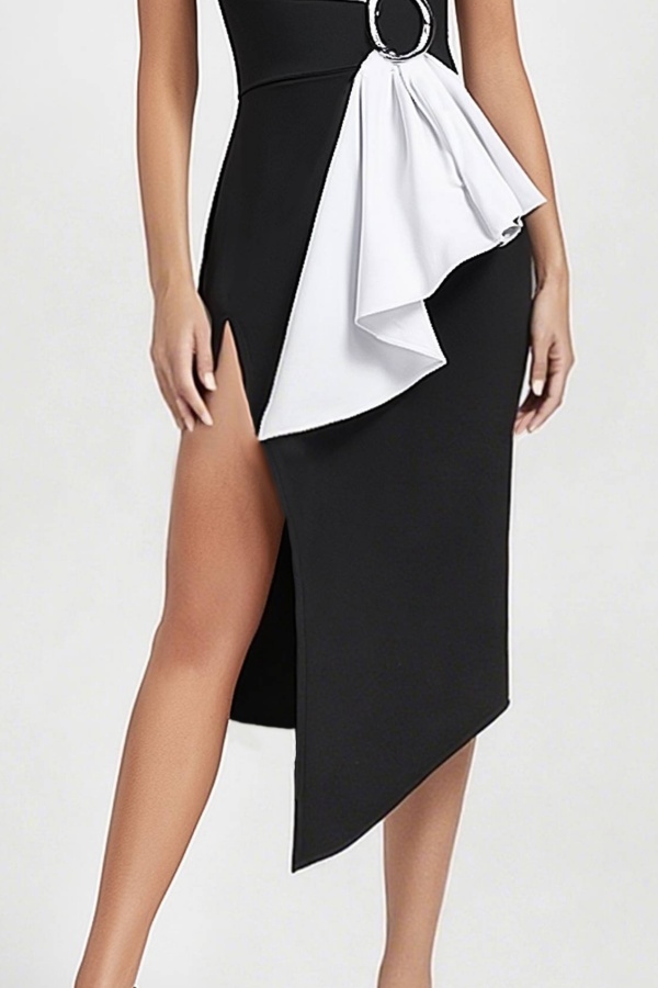 Cocktail Party Dress Black White Strapless Colorblock Midi Dress