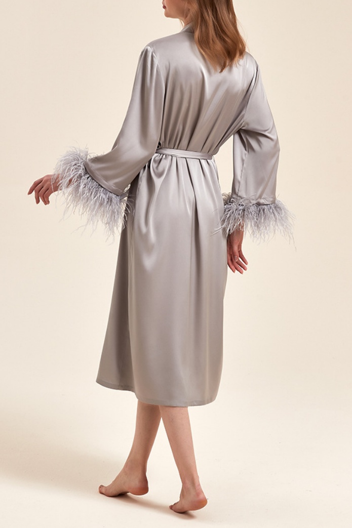 Wedding Pajama Robe Gray V Neck Feather Satin Robes Gown